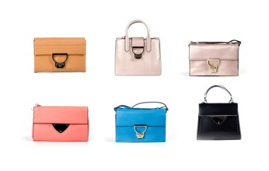 kadın deri çanta grup izole beyaz arka plan üzerinde