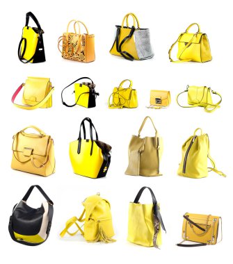 Sarı deri kadın çanta grup izole beyaz arka plan üzerinde