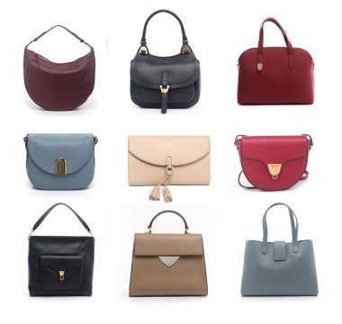 Beyaz arka planda izole edilmiş çok renkli deri kadın çantaları.