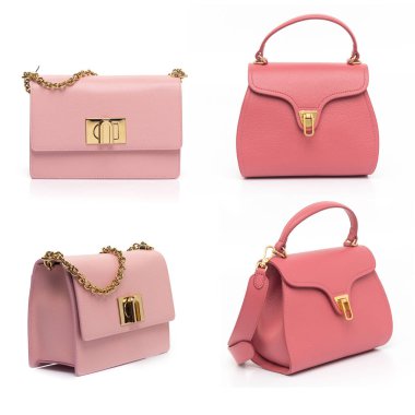 Pembe deri çanta koleksiyonu beyaz arkaplanda izole edildi