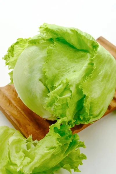 Fresh Organic Green Iceberg Lettuce White Background Close Selective Focus — Stock Photo, Image