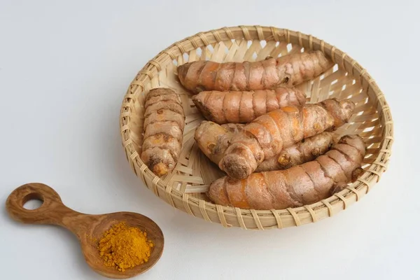 Curcuma Curcuma Curcuma Longa Rhizome Servi Dans Panier Rotin Sur — Photo