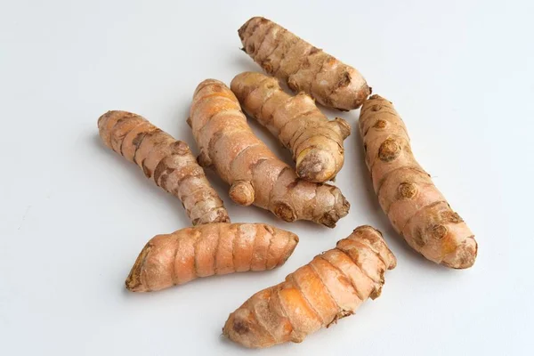 Turmeric Curcuma Longa Rhizome Ізольований Білому Тлі Трави Багатьма Корисними — стокове фото