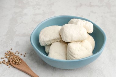 Tahu Putih ya da Tofu mayalanmış soya fasulyesi özünden yapılan hammadde. Manzarayı kapat. Boşluğu kopyala.