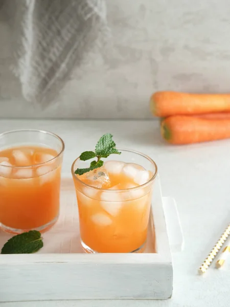 Glass Fresh Carrot Juice Very Good Health Blurred Background Selective — Stock Photo, Image