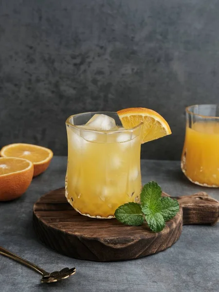 Orange Juice Glass Fresh Fruits Wooden Board Selective Focus Blurred — Stock Photo, Image