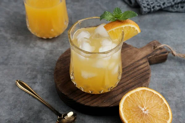 Orange Juice Glass Fresh Fruits Wooden Board Selective Focus Blurred — Stock Photo, Image