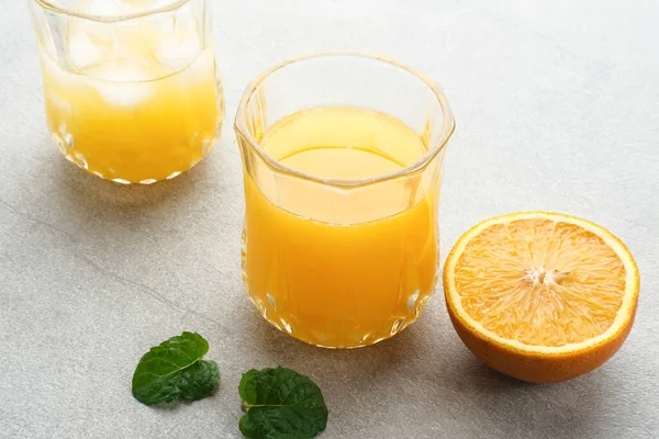 Orange Juice Glass Fresh Fruits Grey Background Selective Focus Close — Stock Photo, Image