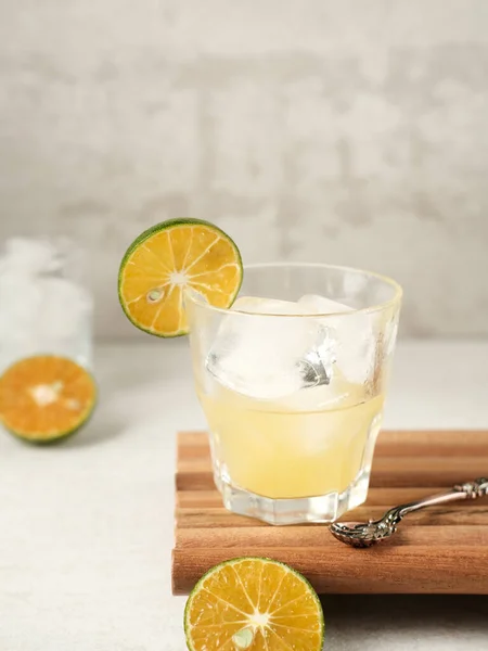 Orange Juice Glass Fresh Fruits Wooden Board Selective Focus Blurred — Stock Photo, Image