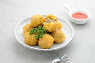 Undan, peynirden ve mozzarella dolu ekmek kırıntılarıyla kaplı sütten yapılan nefis ev yapımı acı balen. Seçici odak resmi.