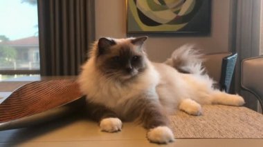 Masada oturan bir kedi.