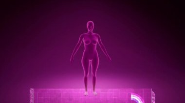 Hareketsiz pembe 3D kadın model X-ray ve biyo-tarayıcı olarak dönüyor.