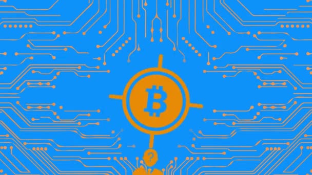 Eine orangefarbene Bitcoin-Spinning animierte Grafik auf blauem Hintergrund — Stockvideo