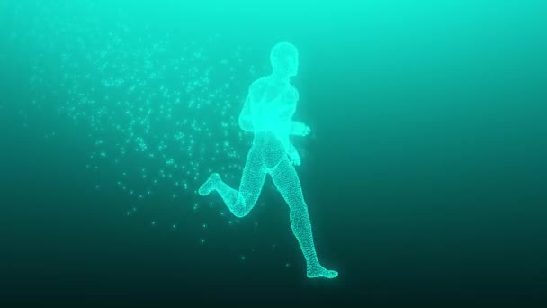 Een Teal hologram van een menselijke mande van deeltjes rennend — Stockvideo