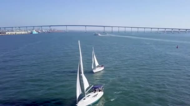 San Diego Körfezi 'ndeki iki yelkenliye döner atış. — Stok video