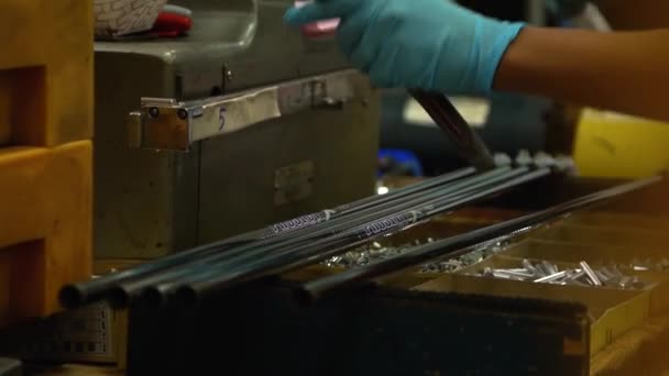 Uma mulher operária de fábrica inspecionando recém-fabricada — Vídeo de Stock