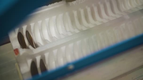 Une nouvelle lentille fraîchement coupée et façonnée pour les lunettes de soleil lors du processus de fabrication automatique de la machine — Video