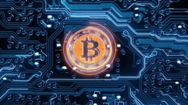 Parlayan turuncu bir bitcoin grafiği parlayan devre kartını dışarı itiyor