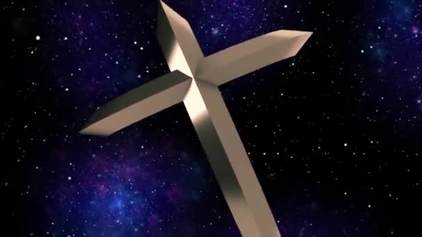 Eine rotierende Pfanne aus goldenem Kreuz in Weltraumgrafik — Stockvideo