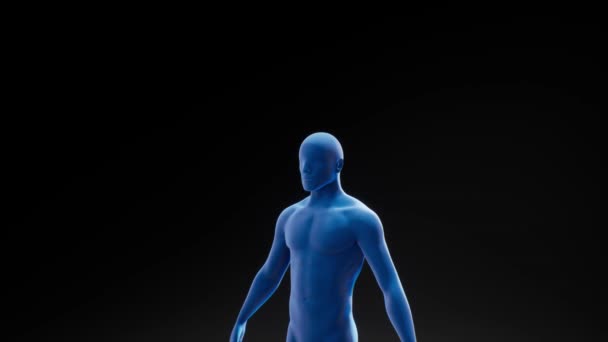 A Nyomja be felé 3D-s kék ember, hogy felfedje fogak fröccsent szájvíz mögött fekete háttér — Stock videók