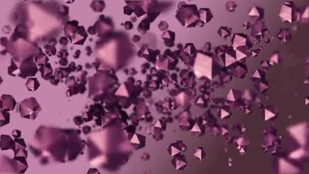 Mehrere rosafarbene Edelsteinpartikel, die sich vor rosafarbenem Hintergrund in Richtung Bildschirm drehen — Stockvideo
