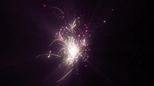 Яскраво-рожеві частинки танцюють навколо орбіти світла на чорному тлі — стокове відео