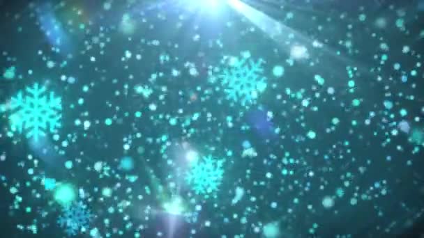 Een Sneeuwvlokken en glanzende blauwe deeltjes spiraal beweging animatie — Stockvideo