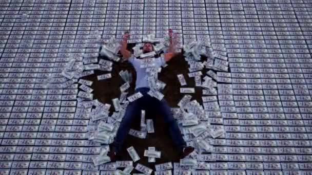 Grande quantidade de dinheiro caindo em homem 3D fazendo anjo — Vídeo de Stock