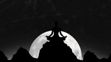 Nilüfer çiçeğinde meditasyon yapan bir insan silueti gece yarısı ayına tepede poz verir.