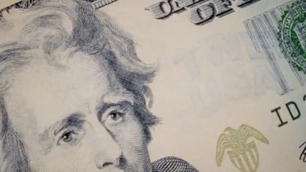 Plusieurs billets de vingt dollars attachés mouvement rapproché Andrew Jackson graphique — Video