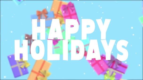 Een Happy Holidays tekst met geschenken vallen in besneeuwde hemel motion graphics achtergrond — Stockvideo