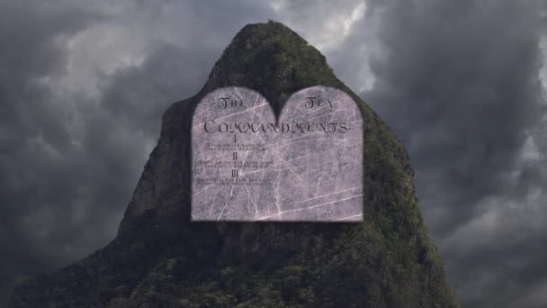 A Diez mandamientos escritos sobre piedra en valle tormentoso — Vídeo de stock