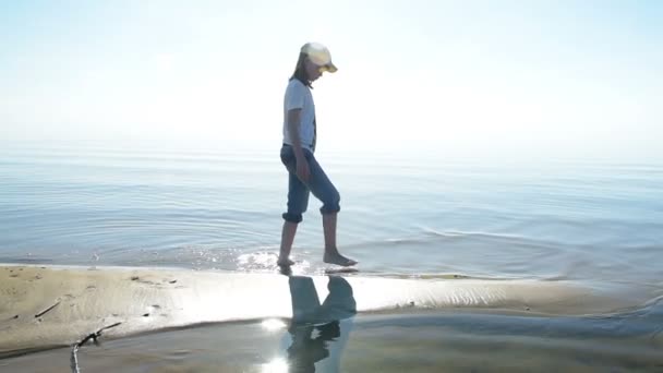 Girl walking away along clean golden sandy beach — Stock Video