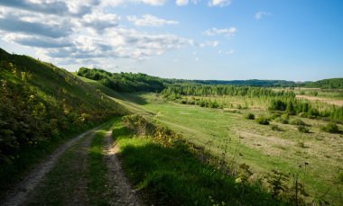 Yolun orta yeşil Hills viraj