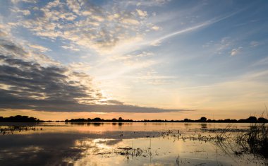güzel yaz günbatımı sakin göl kenarında