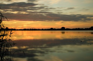 güzel yaz günbatımı sakin göl kenarında
