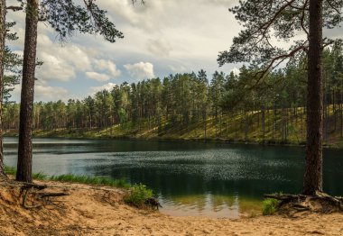 gökyüzü ve bulutlar orman gölde yansıtan