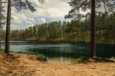 gökyüzü ve bulutlar orman gölde yansıtan