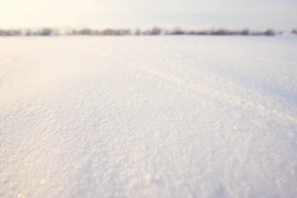 太陽の下で輝く白い雪の質感の水平方向のショット ぼかしの森の背景 — ストック写真