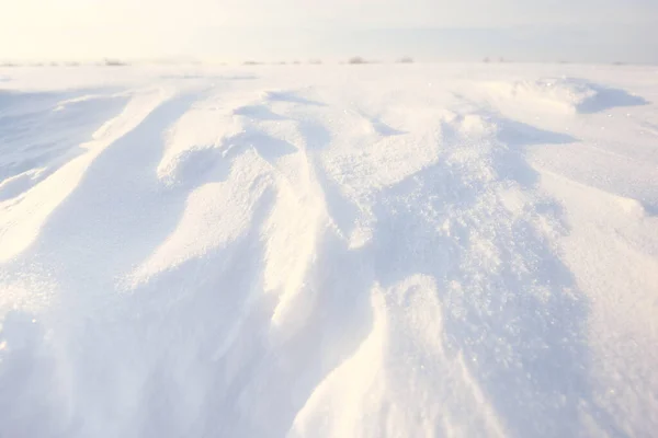 太陽の下で輝く白い不均一な雪の冬の背景の水平方向のショット ぼかしの森の背景 — ストック写真