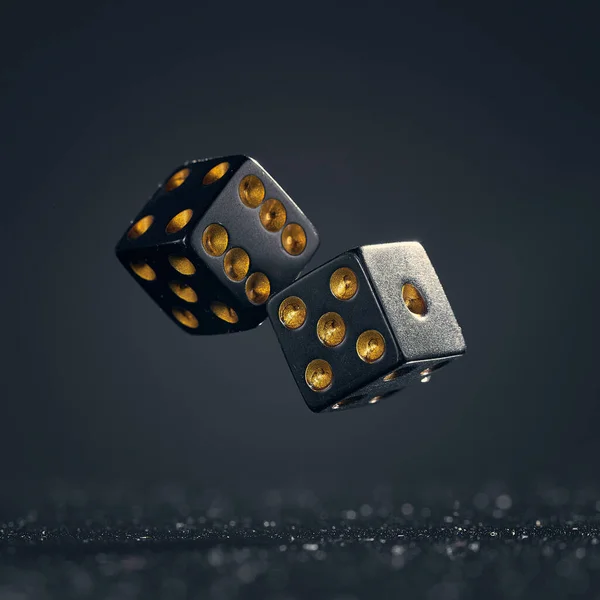 Square Shot Two Black Dice Falling Dark Gray Background — Stock Photo, Image