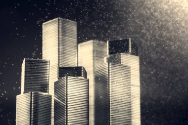 Siyah arka planda Bokeh ile birlikte zımbalardan yapılmış soyut şehir manzarası manzarasının yatay görüntüsü. Görüntü arkaplanı.