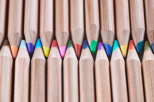 Exactly laid out colored wooden pencils. Background new pencils. — Stock Photo, Image