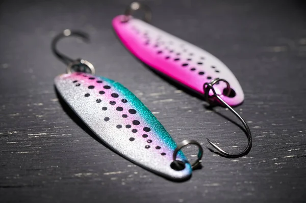 Horizontal Shot Two Fishing Lures Dark Table Preparation Fishing One — Stock Photo, Image