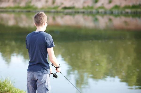 Horizontal Shot Young Man Fishing Lake Rod Travel Lifestyle Concept — Stock Photo, Image