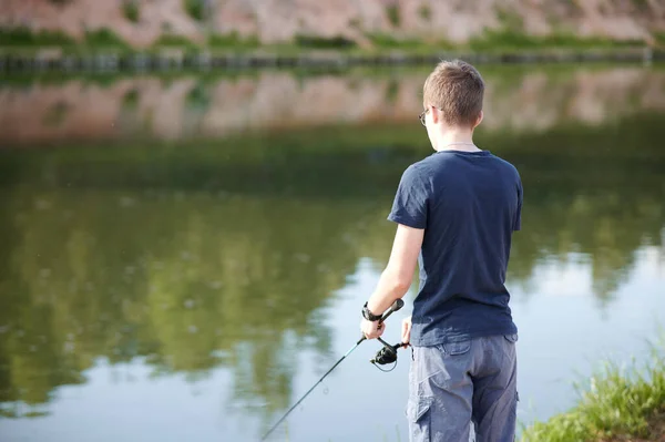 Horizontal Shot Young Guy Fishing Lake Rod Travel Lifestyle Concept — Stock Photo, Image