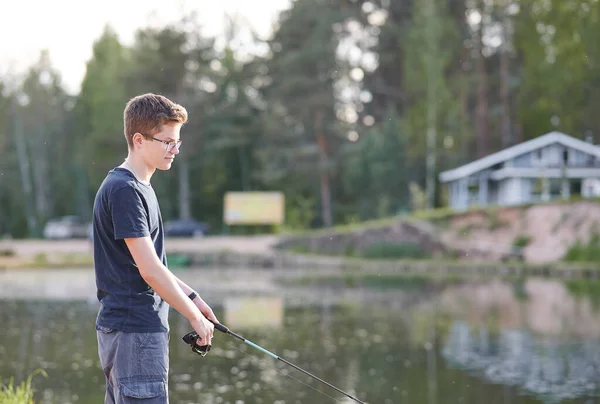 Horizontal Shot Young Man Fishing Lake Rod Travel Lifestyle Concept — Stock Photo, Image