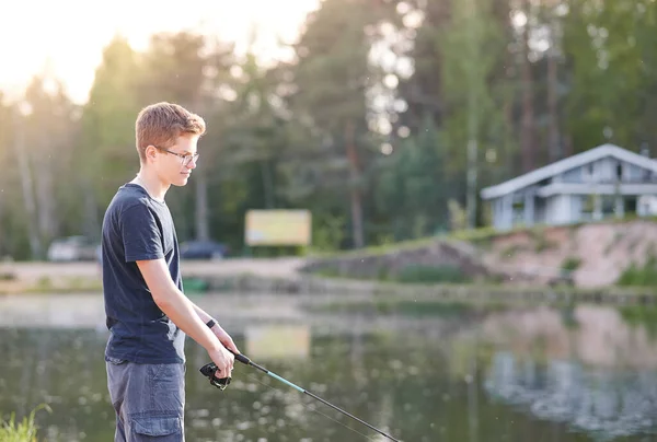 Horizontal Shot Young Guy Fishing Lake Rod Travel Lifestyle Concept — Stock Photo, Image