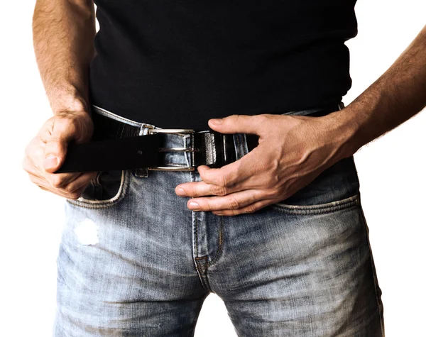 Abgeschnittenes Bild eines Mannes in Jeans auf weißem Hintergrund — Stockfoto