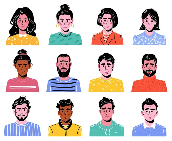Big Set of various Heads of boys and girls. Men and women, colorful characters. Various clothes and haircuts. People avatars cartoon style, flat design, print template. Hand drawn set Icons